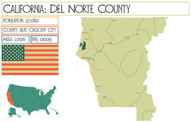 Large and detailed map of Del Norte County in California, USA.