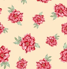 Watercolor flowers pattern, red tropical elements, green leaves, yellow background, seamless