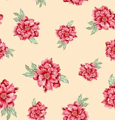 Foto op Canvas Watercolor flowers pattern, red tropical elements, green leaves, yellow background, seamless © Leticia Back