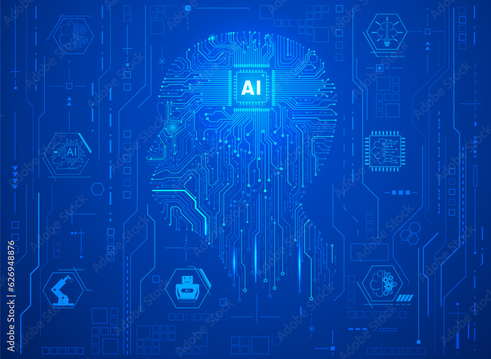 Aufkleber Circuit board CPU chip with AI smart brain big data processing futuristic technology. Artificial intelligence micro processor unit storage database vector concept background.
