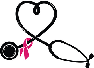 Stethoscope with pink ribbongraphic icon. Stethoscope sign isolated on white background. Symbol medicine. Vector illustration. Breast Cancer Awareness