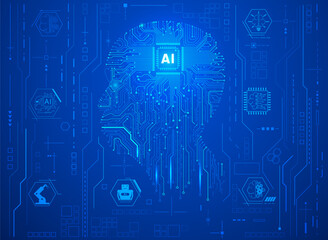 Circuit board CPU chip with AI smart brain big data processing futuristic technology. Artificial intelligence micro processor unit storage database vector concept background.
