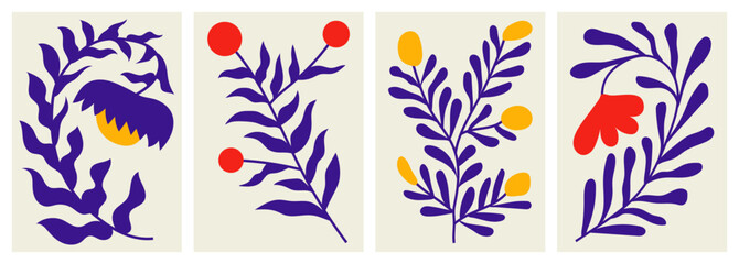 Fototapeta na wymiar Botanical poster designs. Flat vector illustrations of plants and flowers. Floral elements. Wall arts inspired by Matisse's cut-out papers and naive style. Organic blooms. Hand drawn foliage.