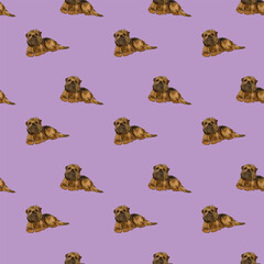 Brussels griffon holiday wallpaper. Square Seamless background with dog illustrations, drawn style, repeatable violet plain pattern with drawn dogs. Brush hand-drawn style. Mongrel Dogs Doodles.