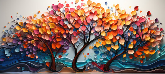Colorful tree with leaves on hanging branches illustration background.