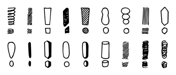 Exclamation marks set. Different types of punctuation marks black painted icons and symbols, alert punctuation mark icons. Vector isolated collection. Important information or message