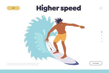 Higher speed on surf board landing page website template for surfing club training class or course