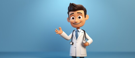 Cartoon Character Smart Trustworthy Doctor, Professional Caucasian Male Specialist. Medical Clip Art Isolated On a Blue Background with a Copy Space. Made With Generative AI.