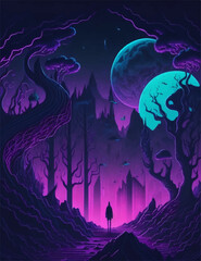A surreal 2D illustration of a dark and mysterious world, with a hint of neon colors, perfect for a PC wallpaper, 16:9.

