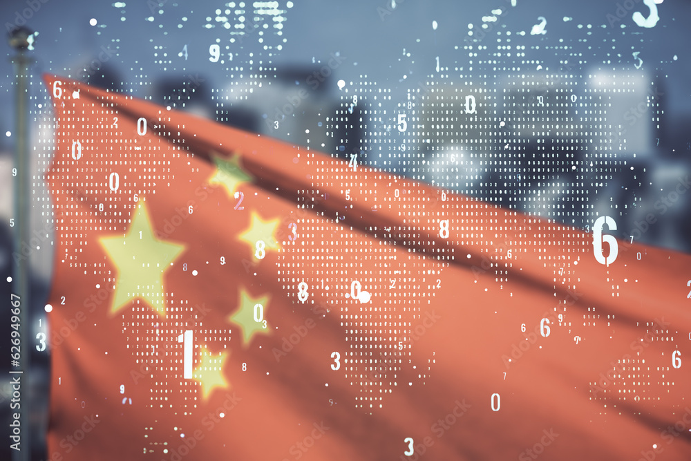 Poster double exposure of abstract programming language hologram and world map on flag of china and blurry 