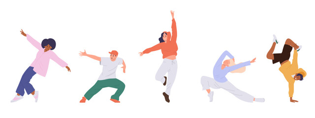 Isolated set of teenager breakdancer, young bboy and female hiphop dancer cartoon character