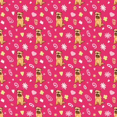 Summer pattern with spirals, leaf, flowers and brussels griffon. Bright colors. Elegant, soft seamless background, abstract summer pattern with hand-drawn colorful shapes. Delicate, gender-neutral.