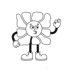 The hand-drawn retro character of the groovy flower. Vector illustration in trendy retro cartoon style. Line art.