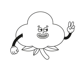 The hand-drawn retro character of the cotton plant. Vector illustration in trendy retro cartoon style. Line art.