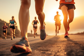group running on the beach at sunset