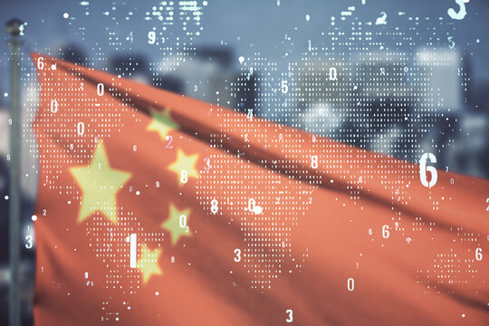 Double exposure of abstract programming language hologram and world map on flag of China and blurry skyscrapers background, research and development concept