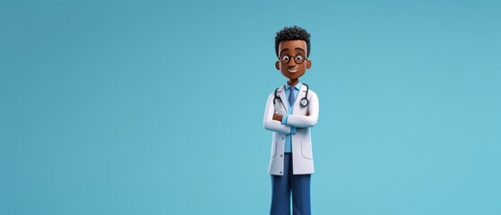Cartoon Character Smart Trustworthy African Doctor, Professional African male Specialist. Medical Clip Art Isolated On a Turquoise  Background with a Copy Space. Made With Generative AI.
