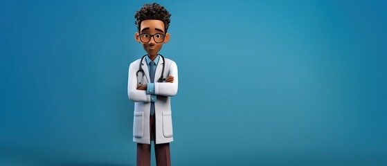 Fototapeta premium Cartoon Character Smart Trustworthy African Doctor, Professional African male Specialist. Medical Clip Art Isolated On a Turquoise Background with a Copy Space. Made With Generative AI.