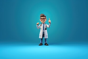 Young male doctor with stethoscope and glasses shows thumbs up.