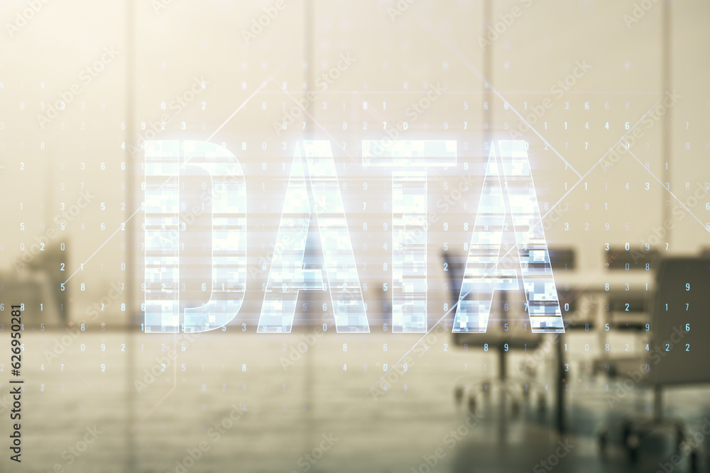 Poster data word hologram on a modern boardroom background, big data and blockchain concept. multiexposure