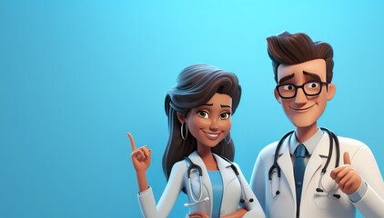 Cartoon Character  Smart Trustworthy Doctors, Hospital. Male and Female Doctors. Medical Clip Art Isolated on a Blue Background with a Copy Space. Made With Generative AI.