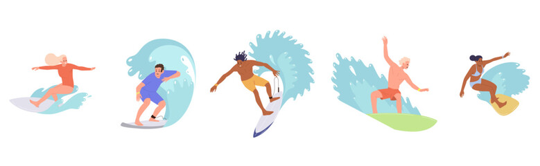 Isolated set of people surfers character standing on board catching wave riding speed in sea water