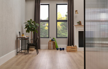 Modern room concept with chair, table, desk, fireplace and home object, room concept, window view garden and city style.