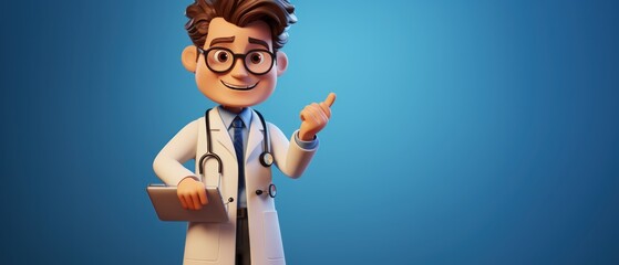 Cartoon Character Smart Trustworthy Doctor, Professional Caucasian Male Specialist. Medical Clip Art Isolated On a Blue Background with a Copy Space. Made With Generative AI.