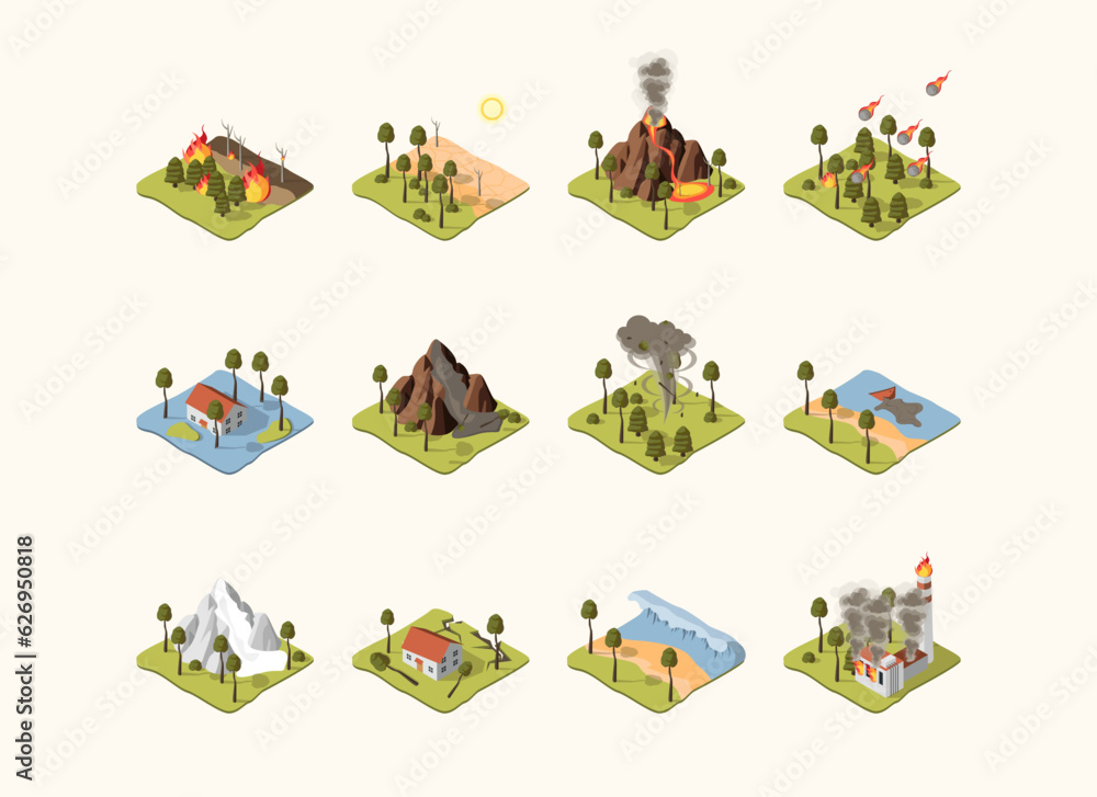 Poster cartoon color different types natural disaster set concept isometric flat design style include of fi