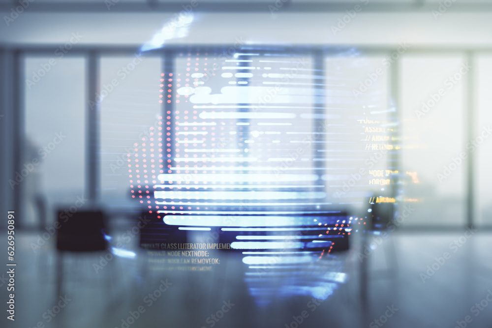Poster double exposure of abstract programming language hologram and world map on a modern meeting room bac
