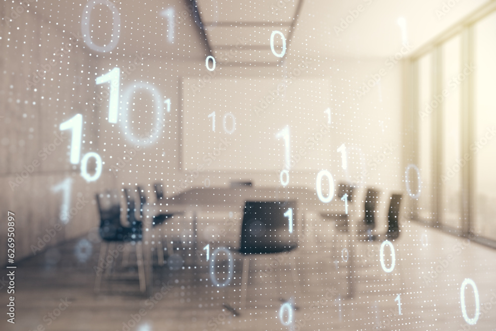 Aufkleber Abstract virtual binary code sketch on a modern boardroom background, hacking and matrix concept. Multiexposure