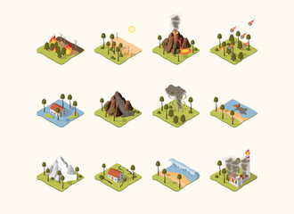 Fototapeta premium Cartoon Color Different Types Natural Disaster Set Concept Isometric Flat Design Style Include of Fire, Hurricane and Flood. Vector illustration