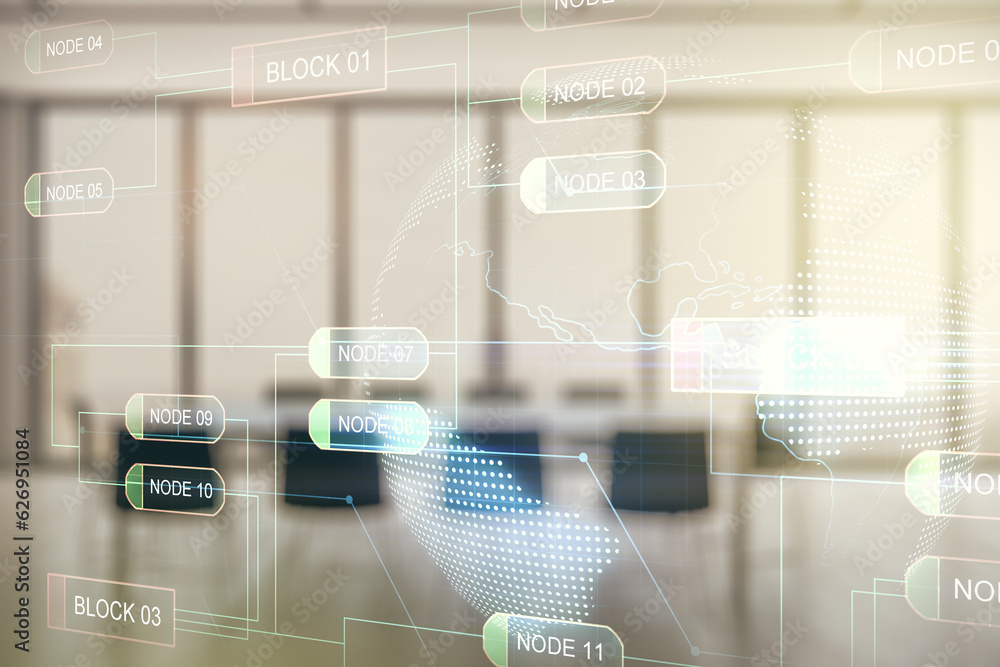 Poster Multi exposure of abstract creative coding sketch and world map on a modern conference room background, artificial intelligence and neural networks concept