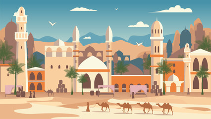 Cartoon Color Arab Desert Saudi Market with Traditional Islamic Building Landscape Scene Concept Flat Design Style. Vector illustration