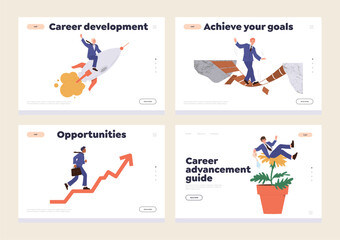 Career development, business advancement, new opportunities and goal achievement landing page set