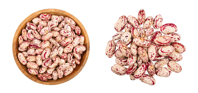 variegated kidney bean in wooden bowl isolated on white background. Top view. Flat lay