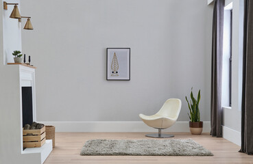 Decorative white chair and plant style in the room, interior concept decoration, grey stone wall, frame and carpet design.