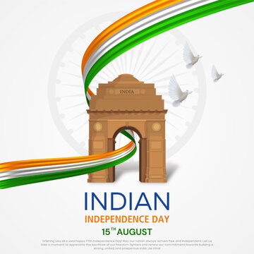 Creative vector illustration of happy independence day in India celebration on August 15. vector India gate with Indian flag design and flying pigeon.