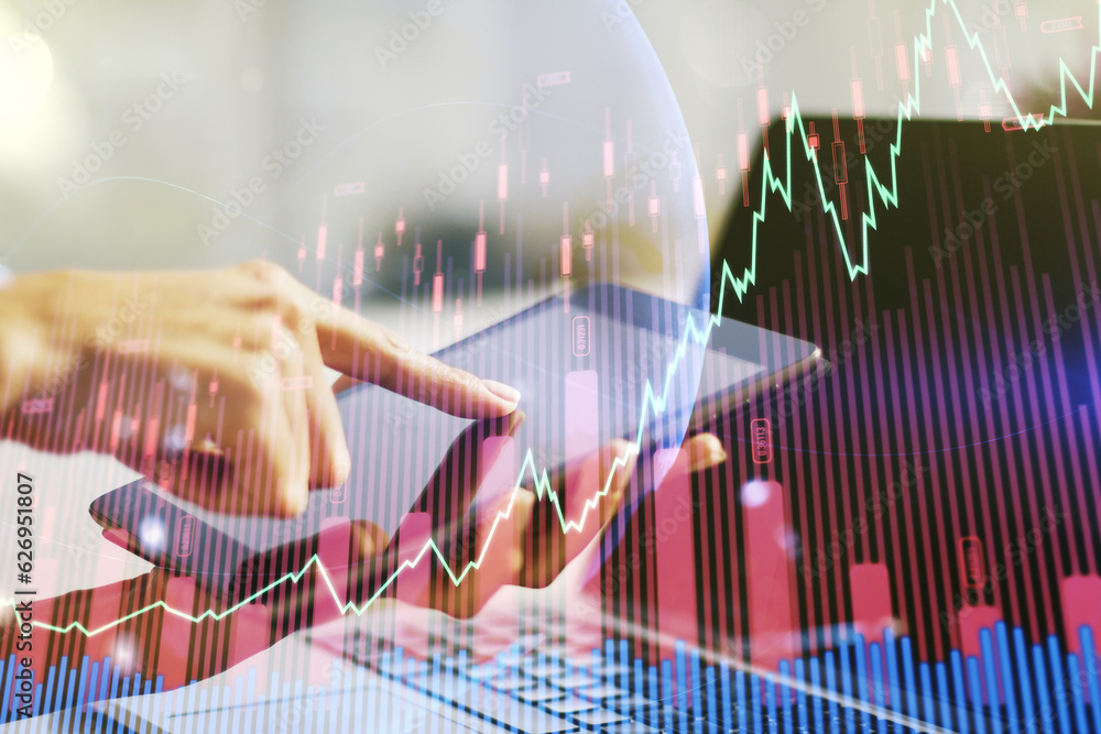 Poster multi exposure of abstract creative financial graph with world map and finger presses on a digital t