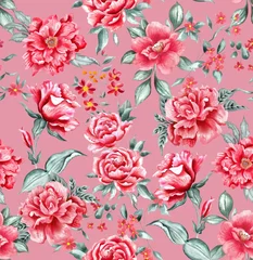 Gordijnen Watercolor flowers pattern, red tropical elements, green leaves, pink background, seamless © Leticia Back