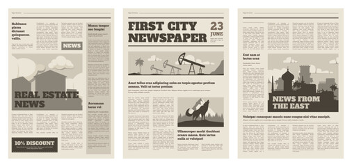 Newspaper mockup. Vintage press grid with pressed text and cover, daily tabloid layout design with press sheets. Vector illustration. Journal cover and pages set with important news or information