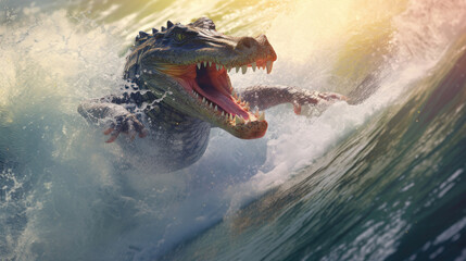 Naklejka premium An alligator gleefully swims while being splashed by the water from a large wave. Generative AI.