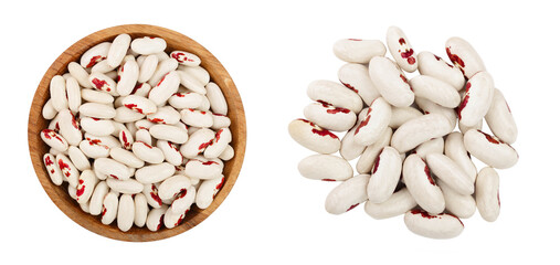 variegated kidney bean in wooden spoon isolated on white background. Top view. Flat lay