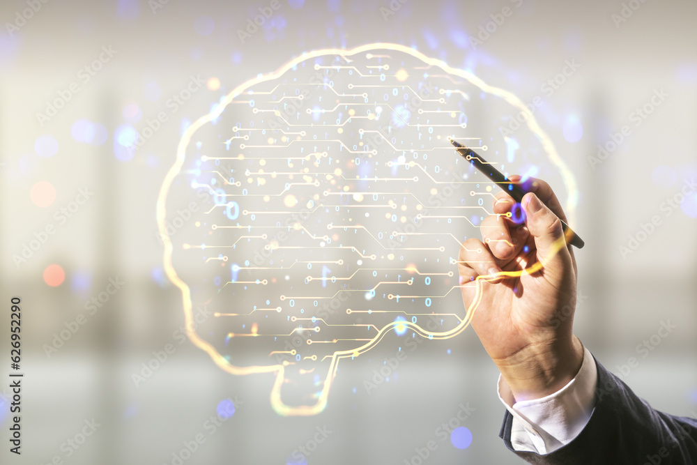 Poster double exposure of man hand with pen working with creative artificial intelligence interface on blur