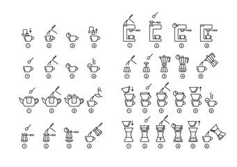 Brewing Tea and Coffee Instruction Black Thin Line Icon Set. Vector illustration of How to Make Hot Drink Process Icons