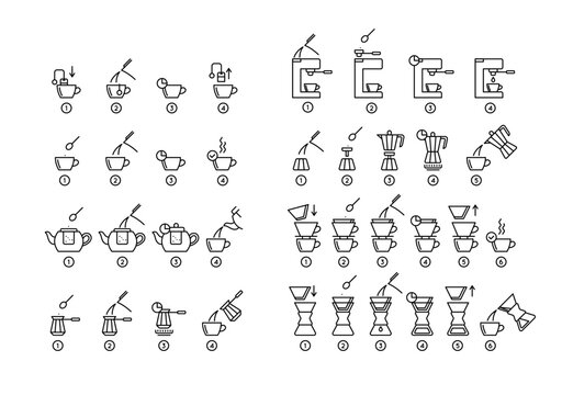 Brewing Tea and Coffee Instruction Black Thin Line Icon Set. Vector illustration of How to Make Hot Drink Process Icons