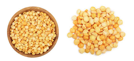 yellow split peas in a wooden bowl isolated on white background. Top view