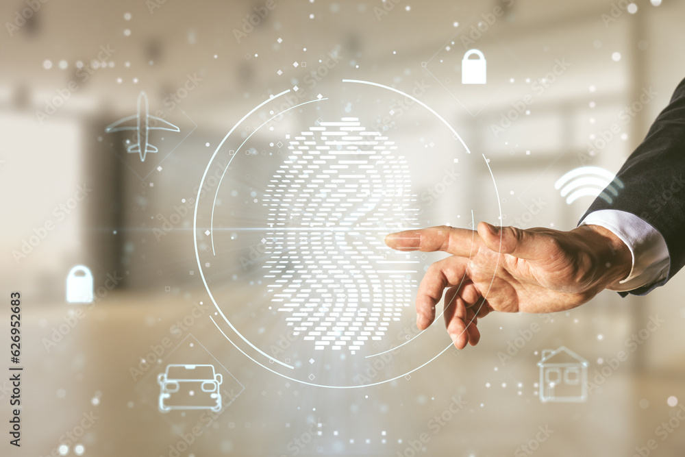 Leinwandbilder multi exposure of man hand working with virtual fingerprint scan interface on blurred office backgro