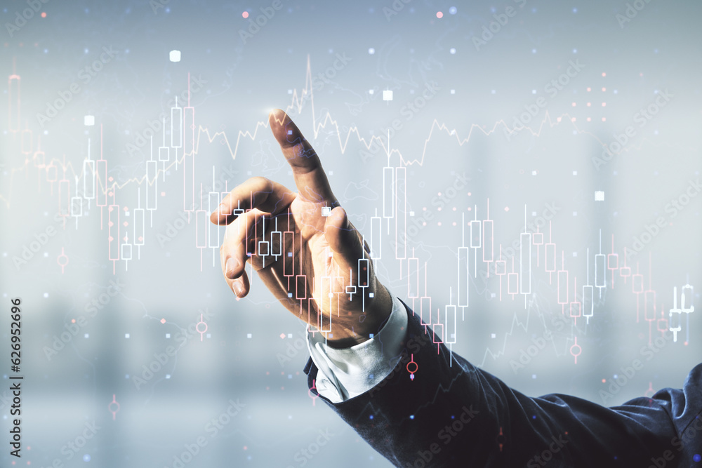 Poster multi exposure of analyst hand with pen working with virtual abstract financial diagram on blurred o