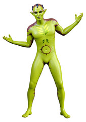 3D Rendering Green Alien on White